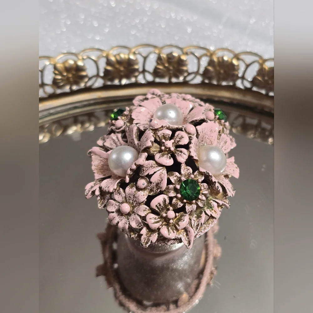 Vintage Florenza Pink Jeweled Floral Basket Trinket Box